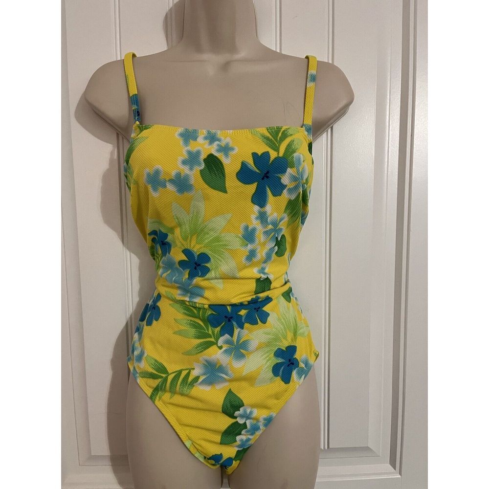 Vintage Y2K Women's 12 Yellow Floral Cross Back Texture One Piece Swimsuit 080
